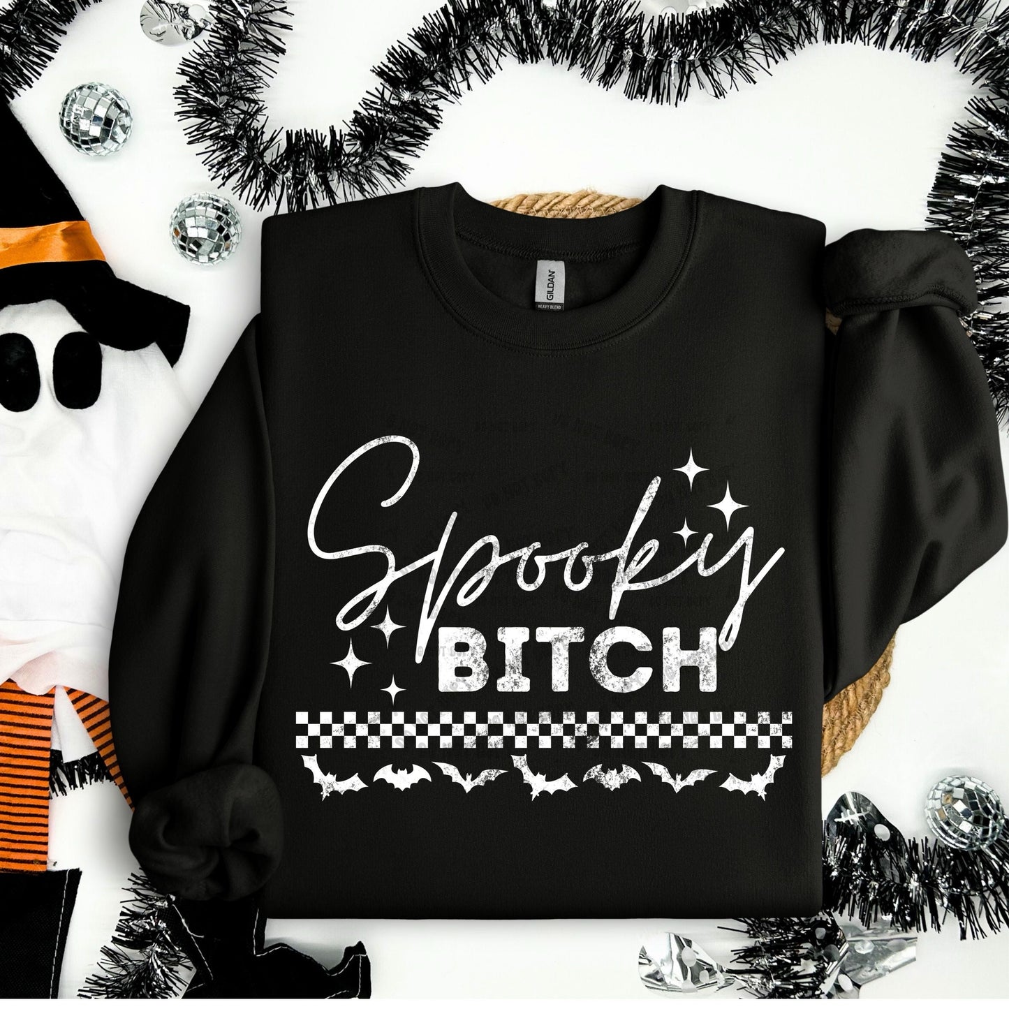 Spooky Bitch distressed checkers Black Crewneck Sweatshirt With White Ink