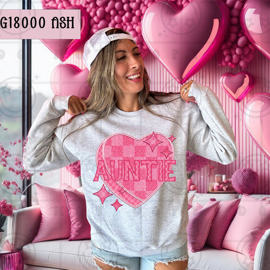 Pink Checkered Heart Auntie | Comfort Colors Tee or Gildan Crewneck Sweatshirt